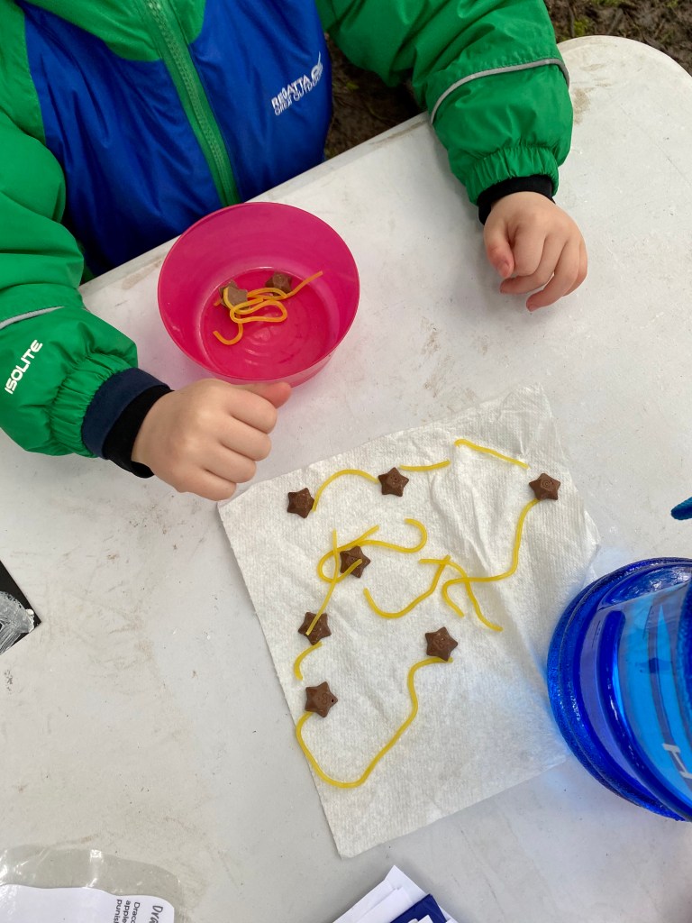 A chocolate constellation using chocolate stars and sugar laces at one of our outdoor STEM classes