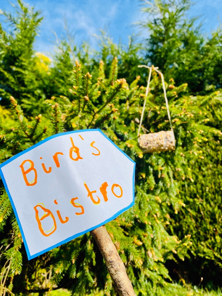 Homemade bird-feeders with sign that reads 'Bird's Bistro'